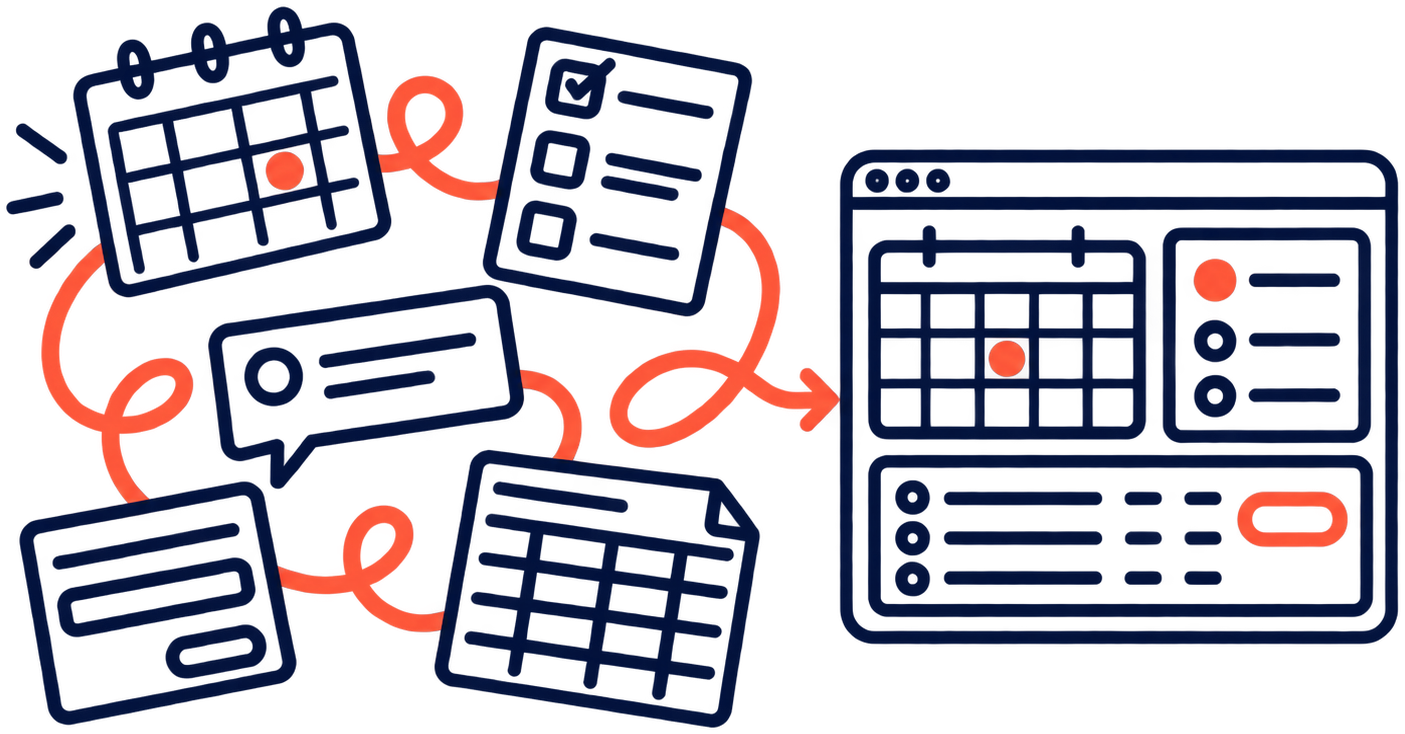 Line drawing of a calendar, checklist and form joined by a coral arrow to an app dashboard