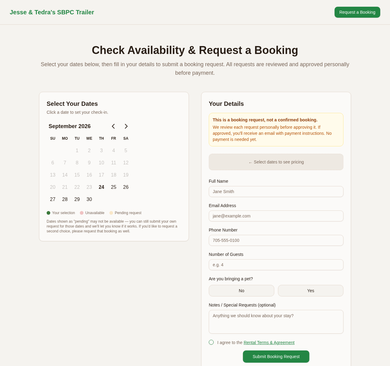 Spring Bay Stays trailer booking page showing a date calendar and booking request form